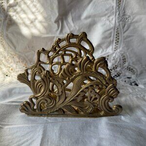 Vintage Ornate Brass Letter or Napkin Holder | Baroque Scroll Design
